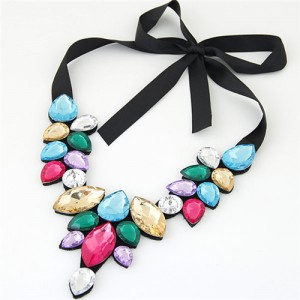 Graceful Acrylic Gem Attached Cloth Rope Bowknot Fashion Necklace - Multicolor