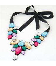 Graceful Acrylic Gem Attached Cloth Rope Bowknot Fashion Necklace - Multicolor