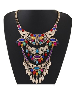 Colorful Gems Inlaid Luxurious Hollow Arches Pattern Golden Statement Fashion Necklace