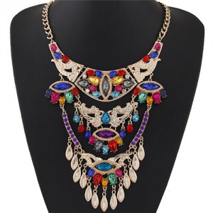 Colorful Gems Inlaid Luxurious Hollow Arches Pattern Golden Statement Fashion Necklace