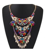 Colorful Gems Inlaid Luxurious Hollow Arches Pattern Golden Statement Fashion Necklace