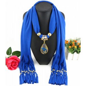 Hollow Phoenix Gem Pendant with Tassel Design Fashion Scarf Necklace - Blue