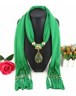 Hollow Phoenix Gem Pendant with Tassel Design Fashion Scarf Necklace - Green