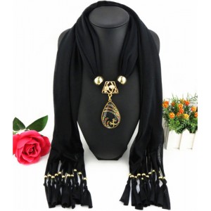 Hollow Phoenix Gem Pendant with Tassel Design Fashion Scarf Necklace - Black
