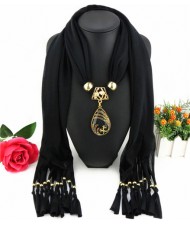 Hollow Phoenix Gem Pendant with Tassel Design Fashion Scarf Necklace - Black