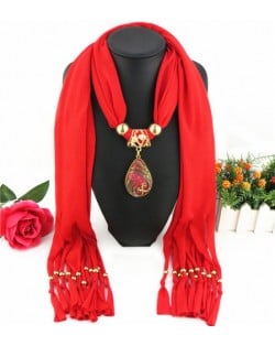 Hollow Phoenix Gem Pendant with Tassel Design Fashion Scarf Necklace - Red