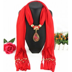 Hollow Phoenix Gem Pendant with Tassel Design Fashion Scarf Necklace - Red