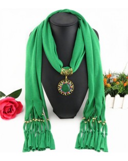 Gem Inlaid Sun Shape Design Pendant Tassel Fashion Scarf Necklace - Green