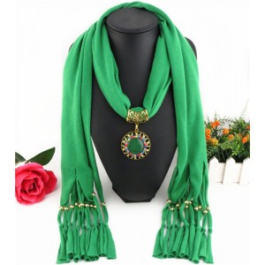 Gem Inlaid Sun Shape Design Pendant Tassel Fashion Scarf Necklace - Green