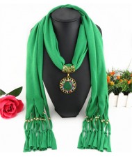 Gem Inlaid Sun Shape Design Pendant Tassel Fashion Scarf Necklace - Green