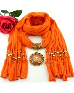 Gem Inlaid Sun Shape Design Pendant Tassel Fashion Scarf Necklace - Orange