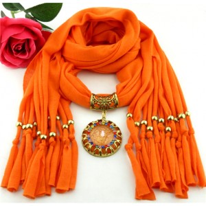 Gem Inlaid Sun Shape Design Pendant Tassel Fashion Scarf Necklace - Orange