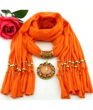 Gem Inlaid Sun Shape Design Pendant Tassel Fashion Scarf Necklace - Orange