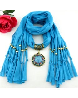 Gem Inlaid Sun Shape Design Pendant Tassel Fashion Scarf Necklace - Sky Blue