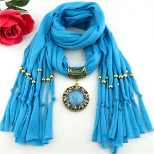 Gem Inlaid Sun Shape Design Pendant Tassel Fashion Scarf Necklace - Sky Blue