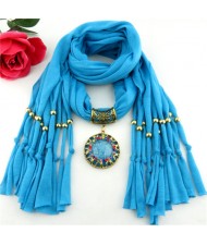 Gem Inlaid Sun Shape Design Pendant Tassel Fashion Scarf Necklace - Sky Blue