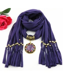 Gem Inlaid Sun Shape Design Pendant Tassel Fashion Scarf Necklace - Purple