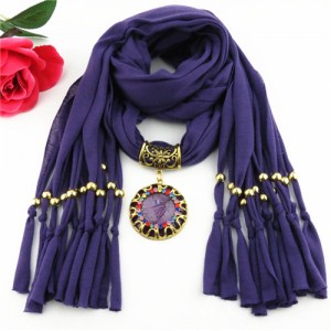 Gem Inlaid Sun Shape Design Pendant Tassel Fashion Scarf Necklace - Purple