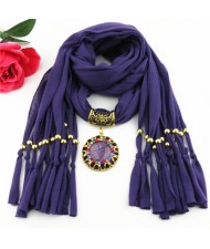 Gem Inlaid Sun Shape Design Pendant Tassel Fashion Scarf Necklace - Purple