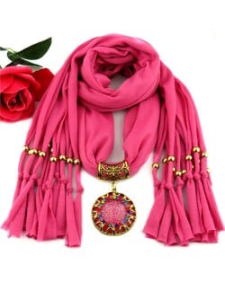 Gem Inlaid Sun Shape Design Pendant Tassel Fashion Scarf Necklace - Rose