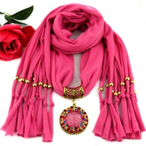 Gem Inlaid Sun Shape Design Pendant Tassel Fashion Scarf Necklace - Rose