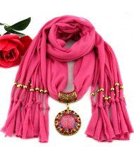 Gem Inlaid Sun Shape Design Pendant Tassel Fashion Scarf Necklace - Rose