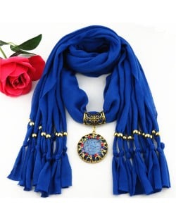 Gem Inlaid Sun Shape Design Pendant Tassel Fashion Scarf Necklace - Blue