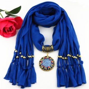 Gem Inlaid Sun Shape Design Pendant Tassel Fashion Scarf Necklace - Blue