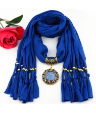 Gem Inlaid Sun Shape Design Pendant Tassel Fashion Scarf Necklace - Blue