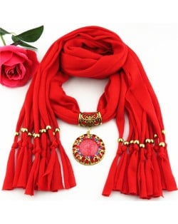 Gem Inlaid Sun Shape Design Pendant Tassel Fashion Scarf Necklace - Red
