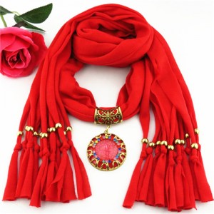 Gem Inlaid Sun Shape Design Pendant Tassel Fashion Scarf Necklace - Red