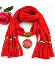 Gem Inlaid Sun Shape Design Pendant Tassel Fashion Scarf Necklace - Red