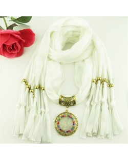 Gem Inlaid Sun Shape Design Pendant Tassel Fashion Scarf Necklace - White