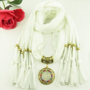 Gem Inlaid Sun Shape Design Pendant Tassel Fashion Scarf Necklace - White