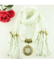 Gem Inlaid Sun Shape Design Pendant Tassel Fashion Scarf Necklace - White