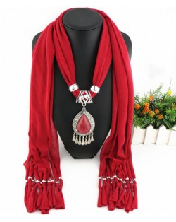 Ethnic Style Waterdrop Pendant Tassel Fashion Scarf Necklace - Dark Red