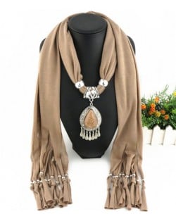 Ethnic Style Waterdrop Pendant Tassel Fashion Scarf Necklace - Brown