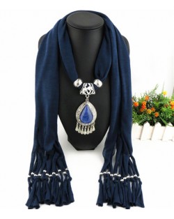 Ethnic Style Waterdrop Pendant Tassel Fashion Scarf Necklace - Ink Blue