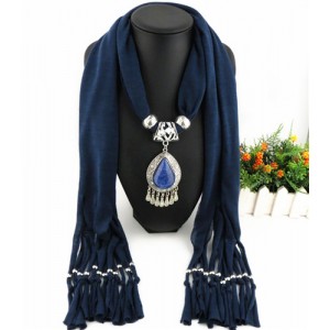 Ethnic Style Waterdrop Pendant Tassel Fashion Scarf Necklace - Ink Blue