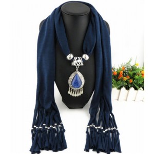 Ethnic Style Waterdrop Pendant Tassel Fashion Scarf Necklace - Ink Blue