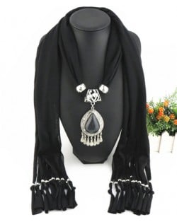 Ethnic Style Waterdrop Pendant Tassel Fashion Scarf Necklace - Black