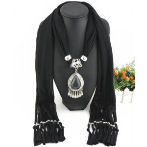 Ethnic Style Waterdrop Pendant Tassel Fashion Scarf Necklace - Black
