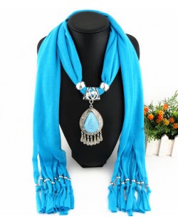 Ethnic Style Waterdrop Pendant Tassel Fashion Scarf Necklace - Sky Blue