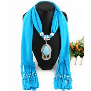 Ethnic Style Waterdrop Pendant Tassel Fashion Scarf Necklace - Sky Blue
