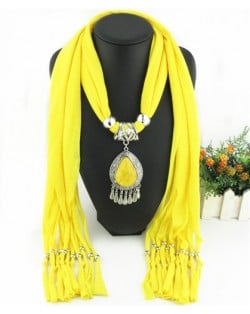 Ethnic Style Waterdrop Pendant Tassel Fashion Scarf Necklace - Yellow