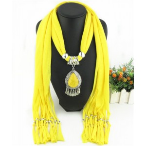 Ethnic Style Waterdrop Pendant Tassel Fashion Scarf Necklace - Yellow
