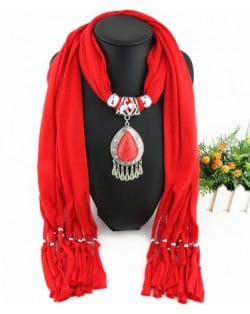 Ethnic Style Waterdrop Pendant Tassel Fashion Scarf Necklace - Red