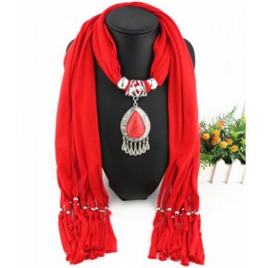 Ethnic Style Waterdrop Pendant Tassel Fashion Scarf Necklace - Red