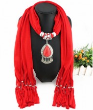 Ethnic Style Waterdrop Pendant Tassel Fashion Scarf Necklace - Red