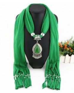 Ethnic Style Waterdrop Pendant Tassel Fashion Scarf Necklace - Green